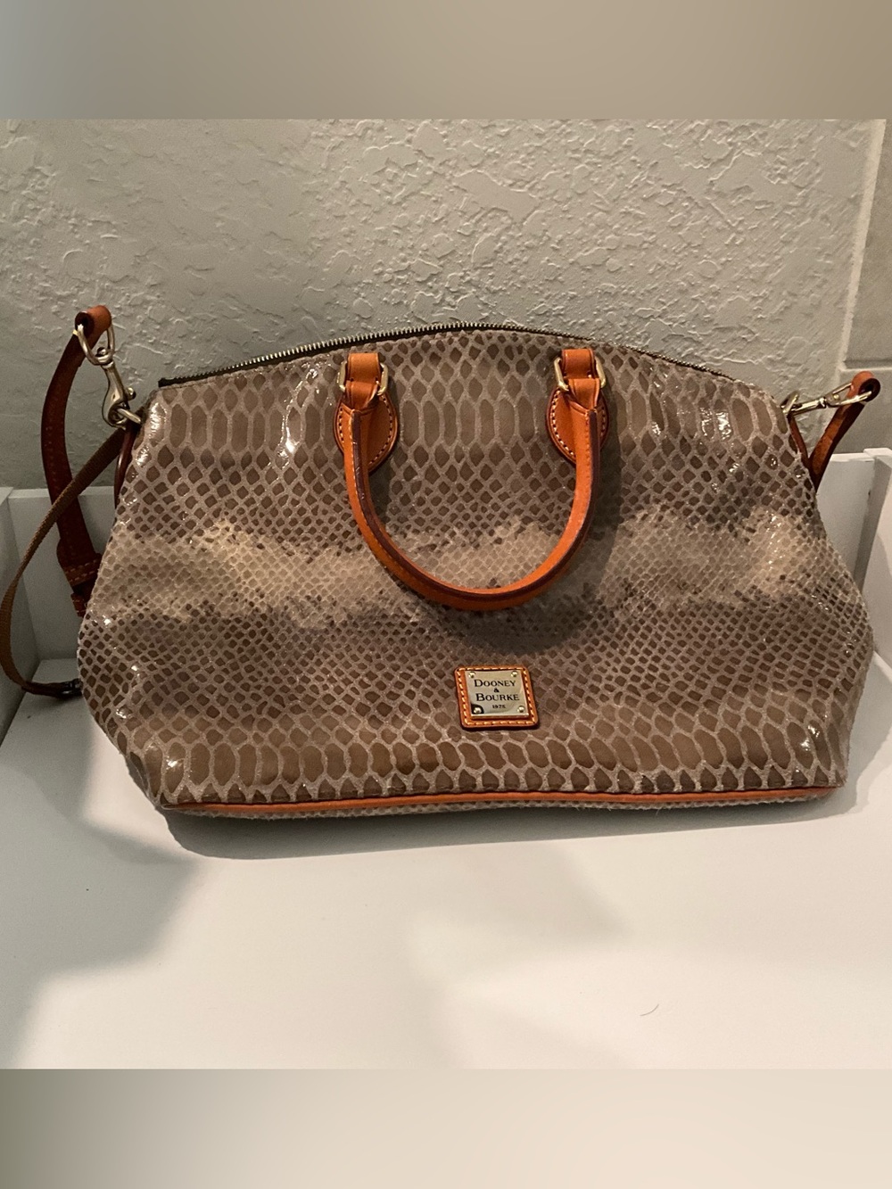 Dooney & Bourke Taupe Snakeskin-Embossed Satchel with Tan Trim